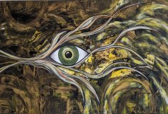 Bild zeigt ein in Grün und Brauntönen gehaltenes Bild von Nicole Poelmann-Heinhold mit einem Auge in der Mitte