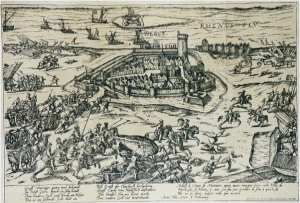 Stadt und Festung Rheinberg mit Kampfhandlungen. Entstehungsjahr 1590.