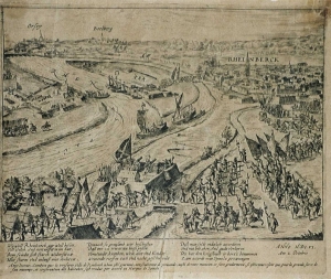 Stadt und Festung Rheinberg mit Kampfhandlungen. Budberg und Orsoy im Hintergrund. Entstehungsjahr um 1606.