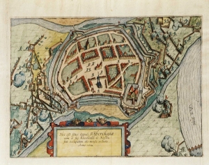 Stadt und Festung Rheinberg mit Kampfhandlungen während eines Angriffs 1602. Entstehungsjahr 1616.