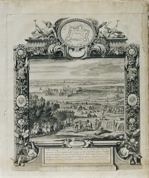 Ansicht der Stadt und Festung Orsoy mit Truppen und Armeetross im Vordergrund bei der Einnahme der Stadt 1672. Entstehungsjahr um 1673/75.