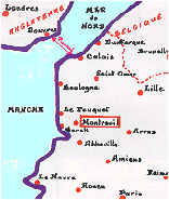 Das Bild zeigt eine Landkarte von Frankreich, in der die Stadt Montreuil hervorgehoben ist