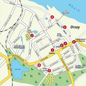 Das Bild zeigt eine Straßenkarte von Orsoy, in der bestimmte Orte durchnummerriert sind