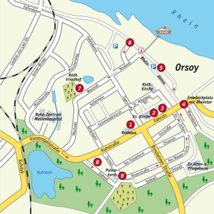 Das Bild zeigt eine Straßenkarte von Orsoy, in der bestimmte Orte durchnummerriert sind