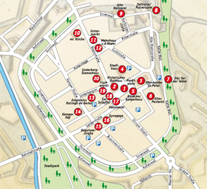 Das Bild zeigt eine Straßenkarte von Rheinberg, in der einige Orte nummerriert sind