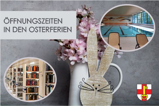 In der mitte ein Blumenstrauß mit einem Papphasen davor unten links sind mehrere Bücherregale zu sehen und oben rechts ist ein schwimmbecken zu sehen.