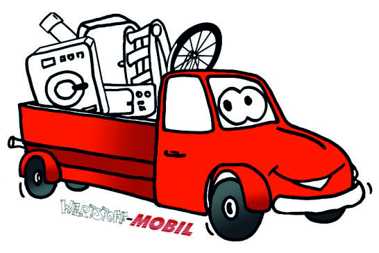 Ein gemalter Pickup Truck mit einem Gesicht. Darunter der Schriftzug "Wertstoff-Mobil"