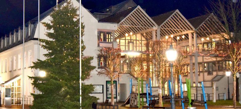 Ein Bild des Weihnachtsbaums vor dem Stadthaus mit dem Stadthaus im Hintergrund.