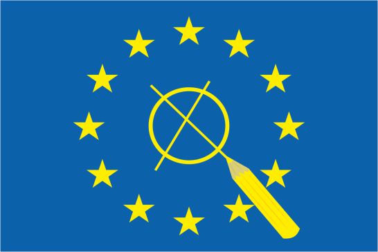 Eine Europafahne mit einem gelben kreis und einem Kreuz in der Mitte mit einem gelben Stift