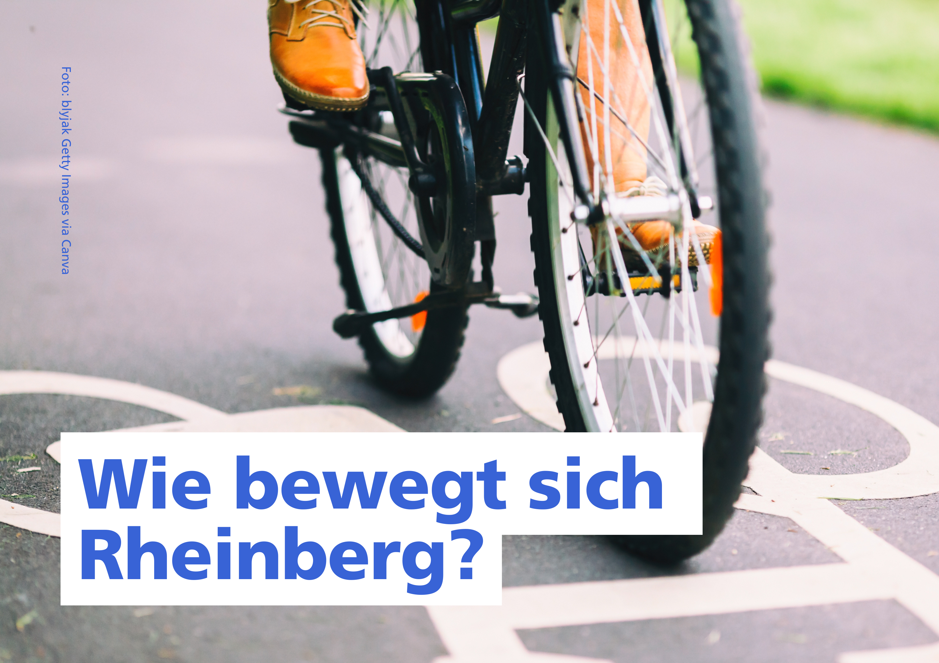 Schriftzug "Wie bewegt sich Rheinberg" mit einem Fahrraadfahrer dahinter