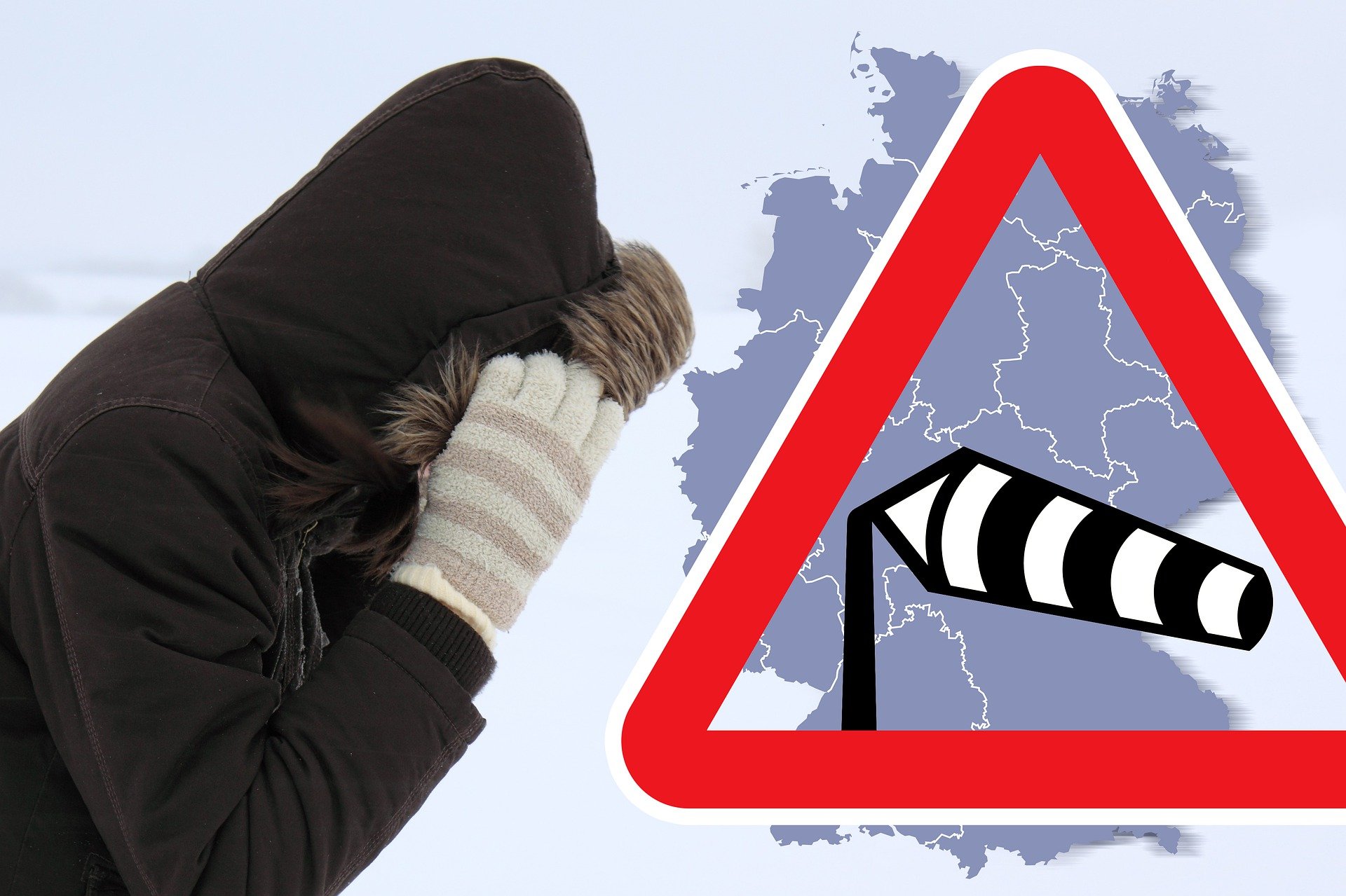 Eine warm angezogene Person und das Symbol für Sturmwarnung.
