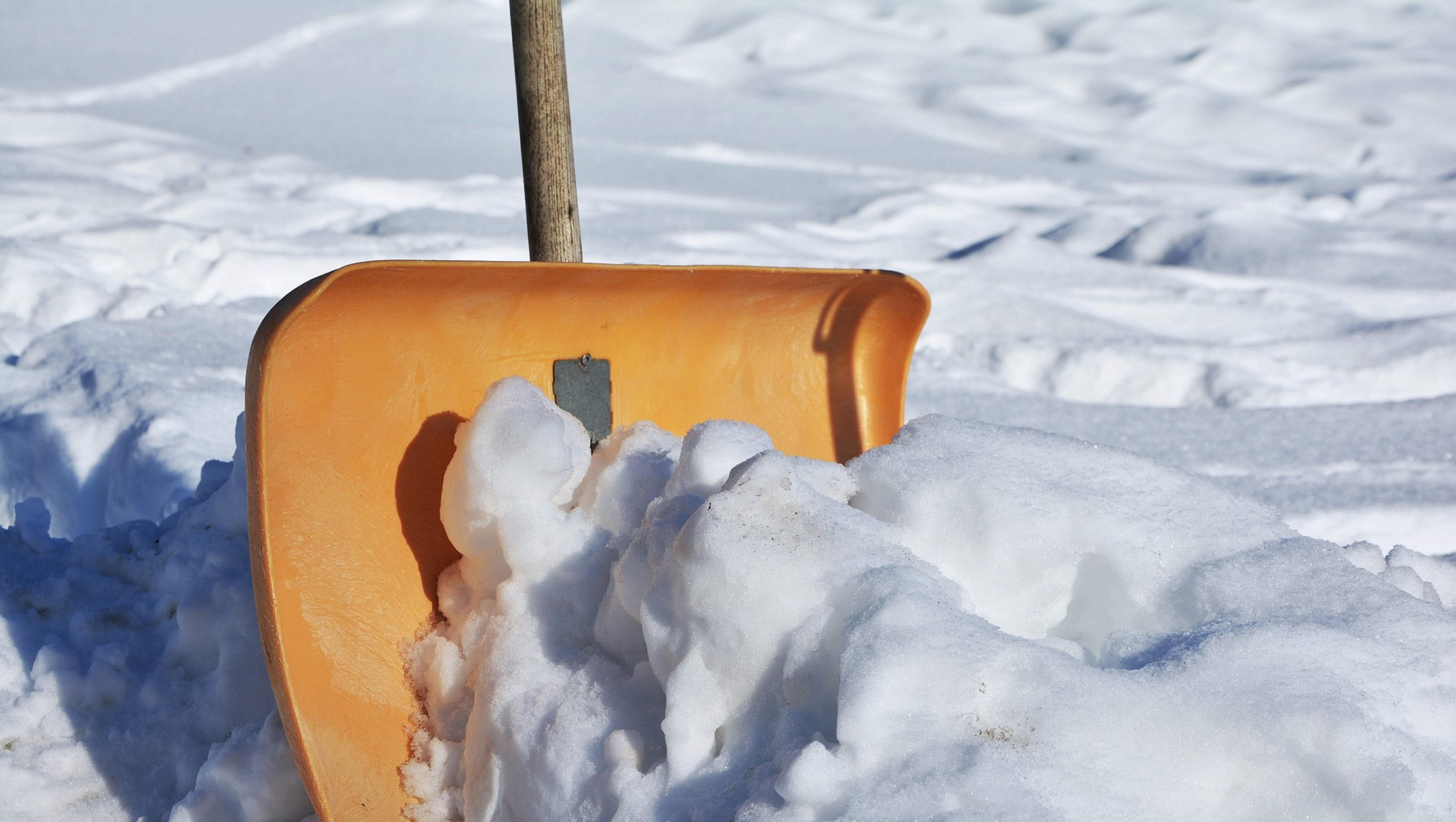 Eine gelbe Schneeschaufel mit Schnee drauf.