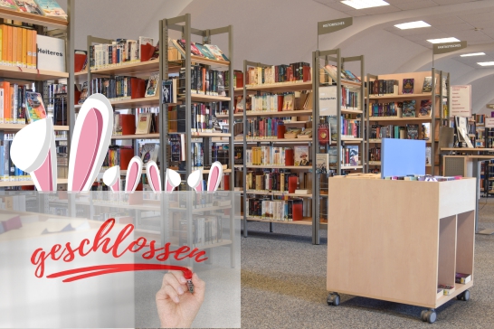 Bücherregale der Bücherei mit einem Geschlossen Schriftzug