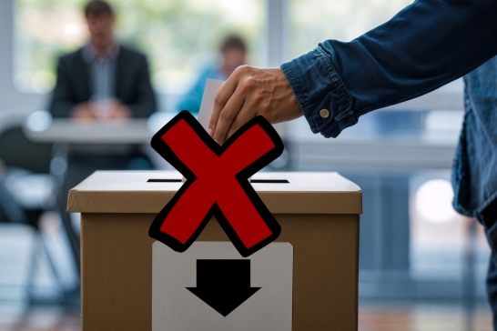 Eine Hand die einen Stimmzettel in eine Wahlöurne wirft mit einem roten X davor