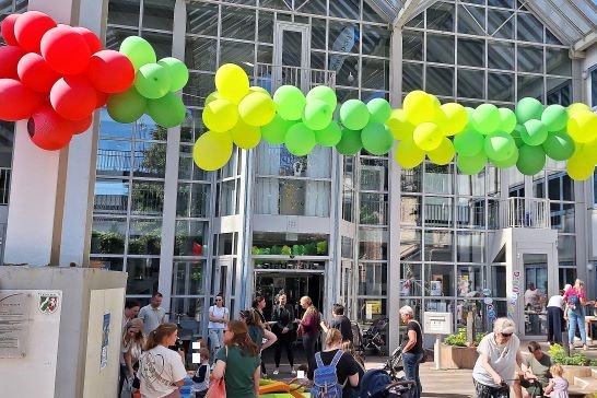 Der Eingang des Stadthauses mit Ballongsgeschmückt und vielen Menschen davor