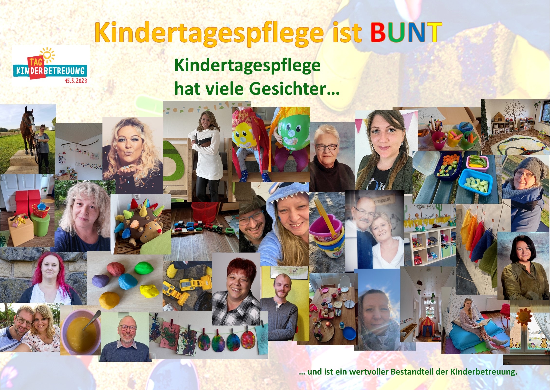 Eine Fotocollage aus den Gesichtern von Tagespflegepersonen gemacht mit der Überschrift Kinderbetreuung ist BUNT